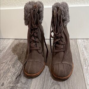 UGG Brown Suede Lace-Up Shearling Cuff Boots
